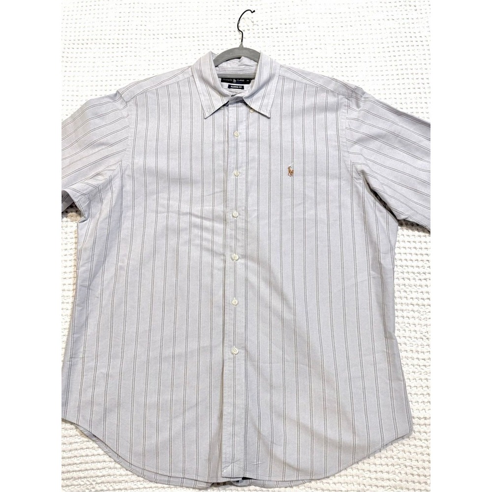 Ralph Lauren Classic Fit Mens XL Light Gray Striped Short Sleeve Polo Shirt Pony